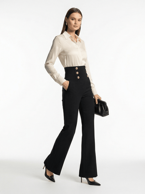 Black High-Waist Flared Trousers – Elegant Pants with Gold Buttons - Styeenigma