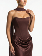 Brown Satin Prom Gown – Elegant Ruched Maxi Dress for Formal Events & Dinner Parties