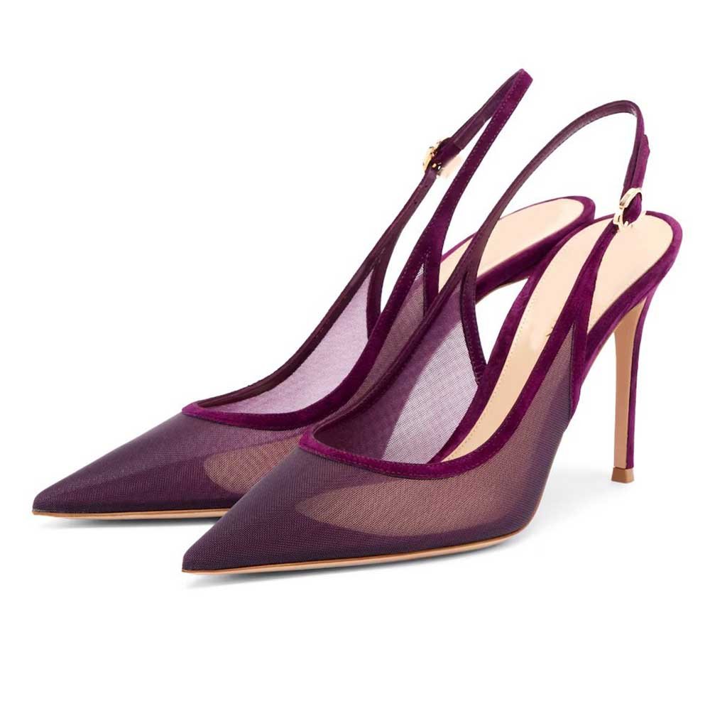 Black & Purple Red Mesh Slingback Heels Pointed Toe Stiletto - Styeenigma