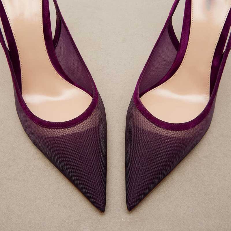 Black & Purple Red Mesh Slingback Heels Pointed Toe Stiletto - Styeenigma