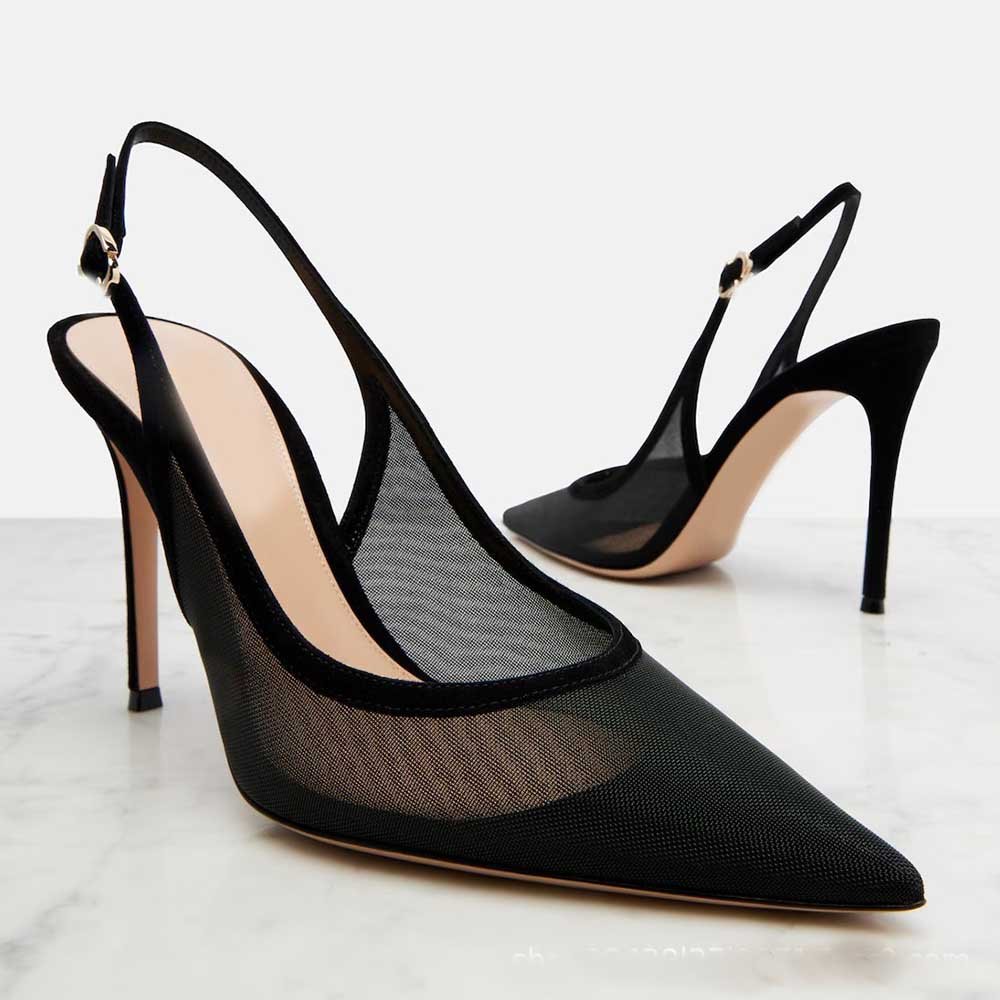 Black & Purple Red Mesh Slingback Heels Pointed Toe Stiletto - Styeenigma