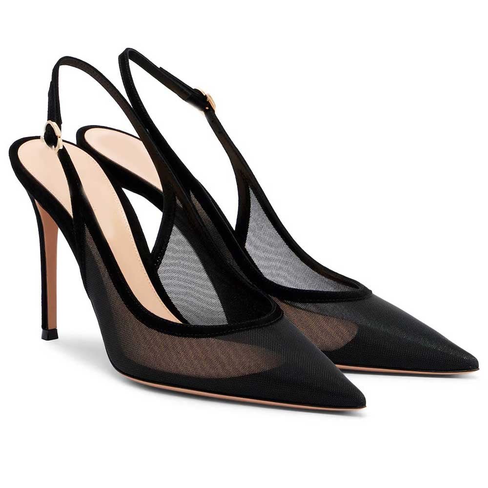 Black & Purple Red Mesh Slingback Heels Pointed Toe Stiletto - Styeenigma