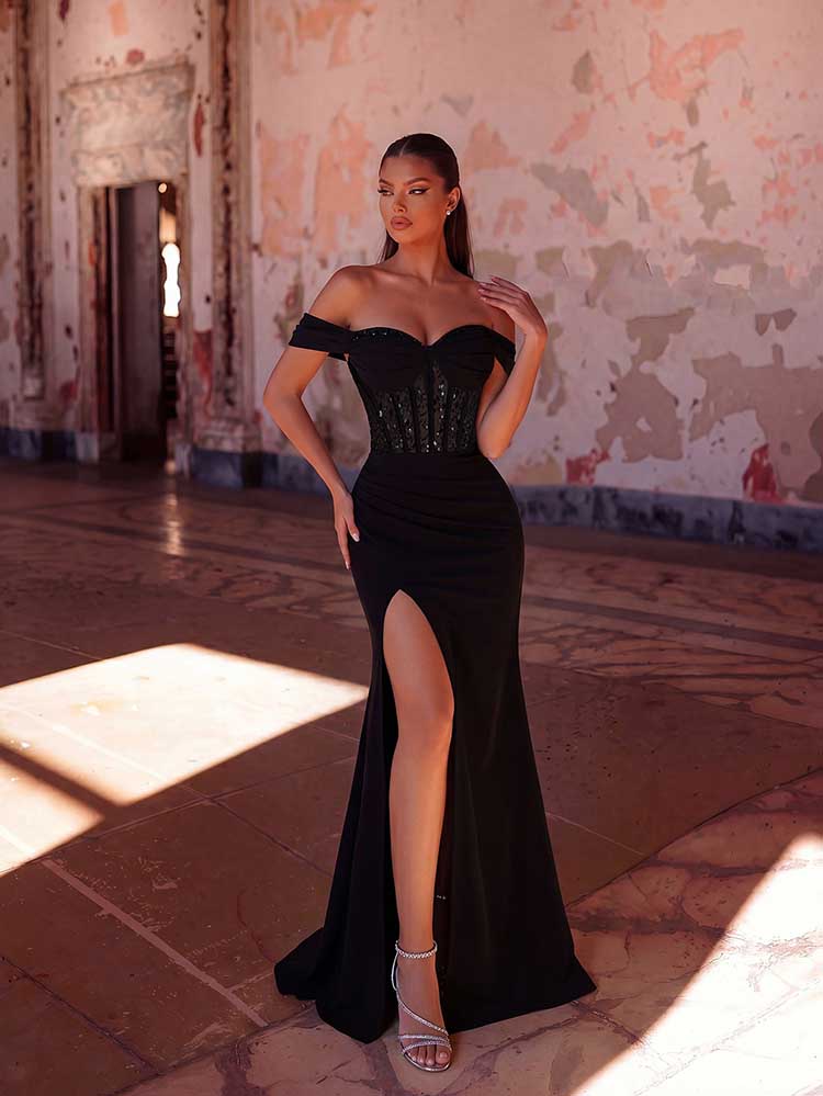 Women's Off Shoulder Sequin Corset Evening Gown Mermaid Prom Dress with Slit - Styeenigma