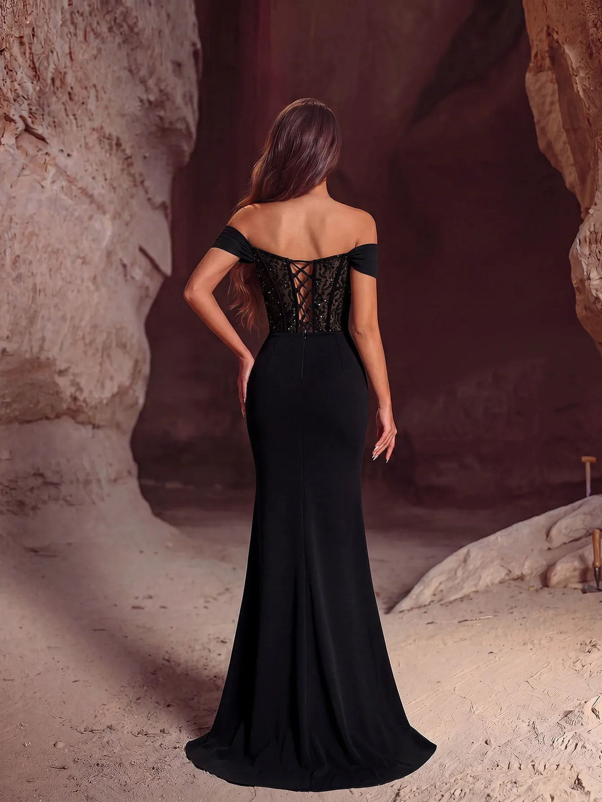 Women's Off Shoulder Sequin Corset Evening Gown Mermaid Prom Dress with Slit - Styeenigma