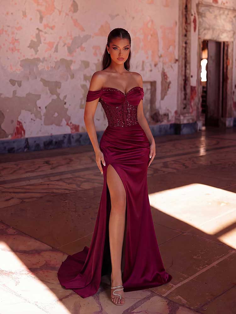 Women's Off Shoulder Sequin Corset Evening Gown Mermaid Prom Dress with Slit - Styeenigma