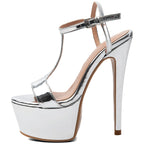 Women's Silver Platform High Heels T-Strap Stiletto Sandals - Styeenigma