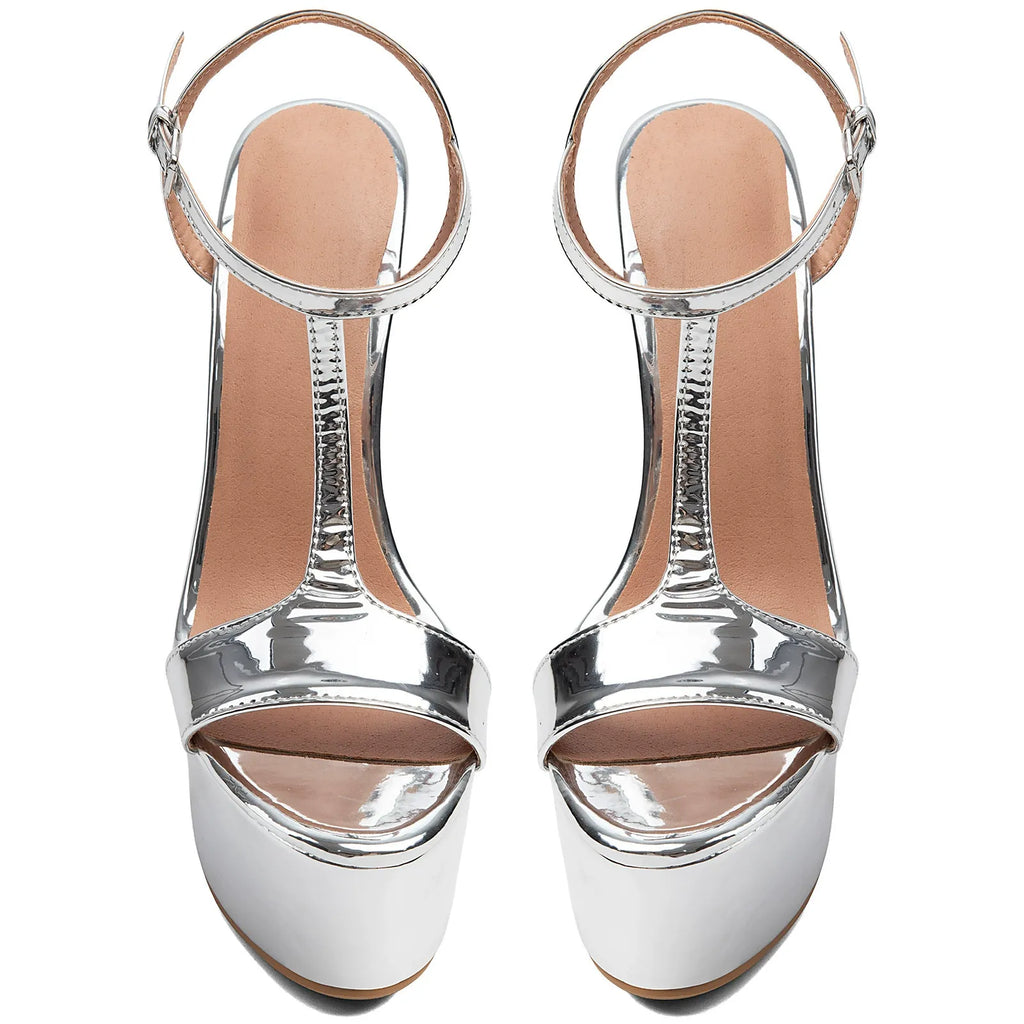 Women's Silver Platform High Heels T-Strap Stiletto Sandals - Styeenigma