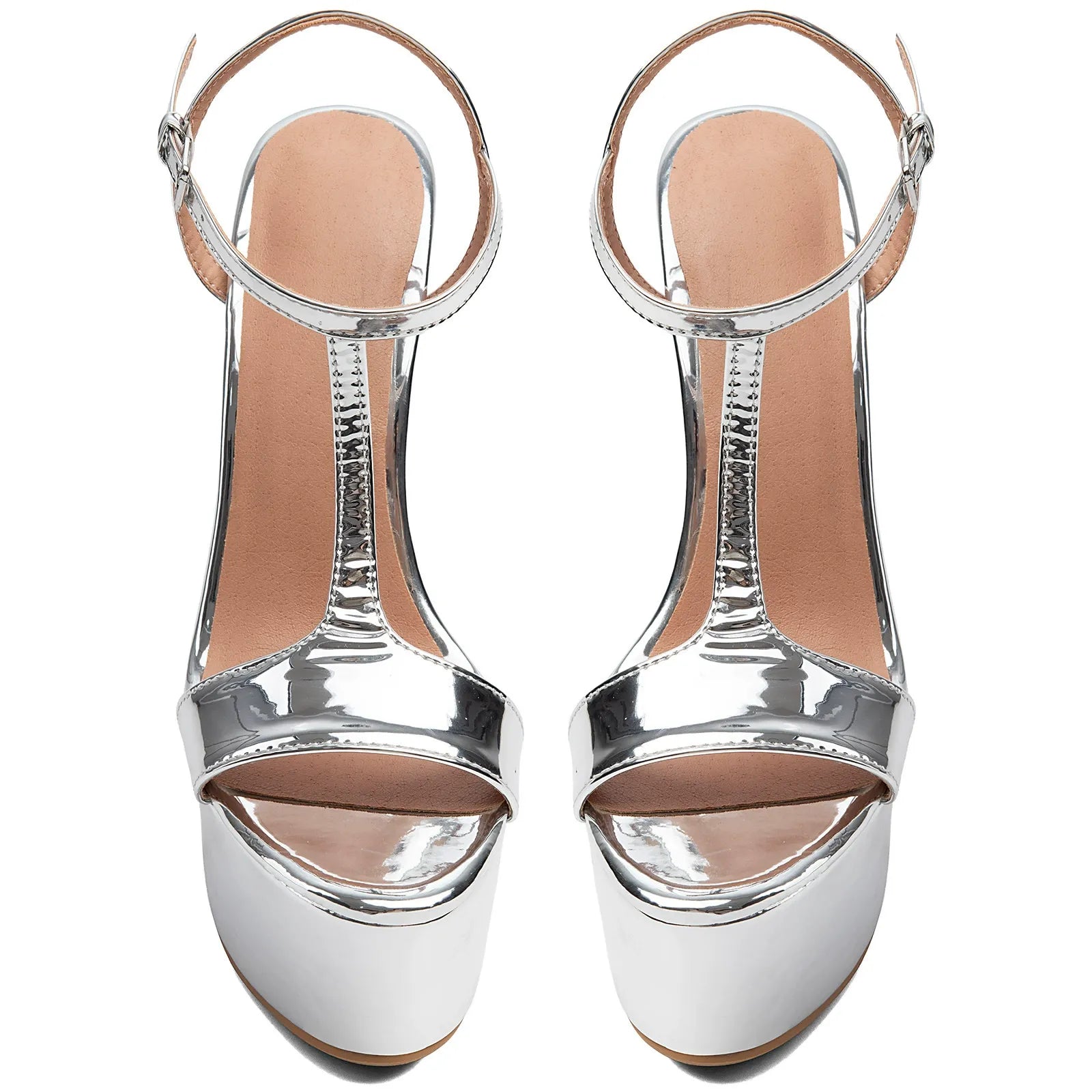 Women's Silver Platform High Heels T-Strap Stiletto Sandals - Styeenigma