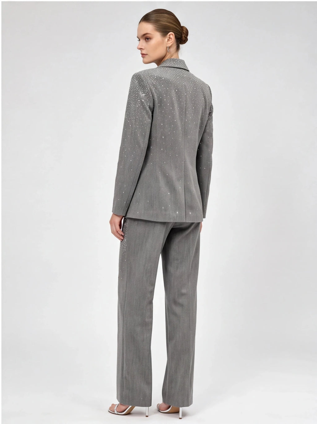 Women's Grey Sparkly Blazer Set - Rhinestone Embellished Suit with Wide Leg Pants for Evening Party - Styeenigma