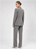 Women's Grey Sparkly Blazer Set - Rhinestone Embellished Suit with Wide Leg Pants for Evening Party - Styeenigma