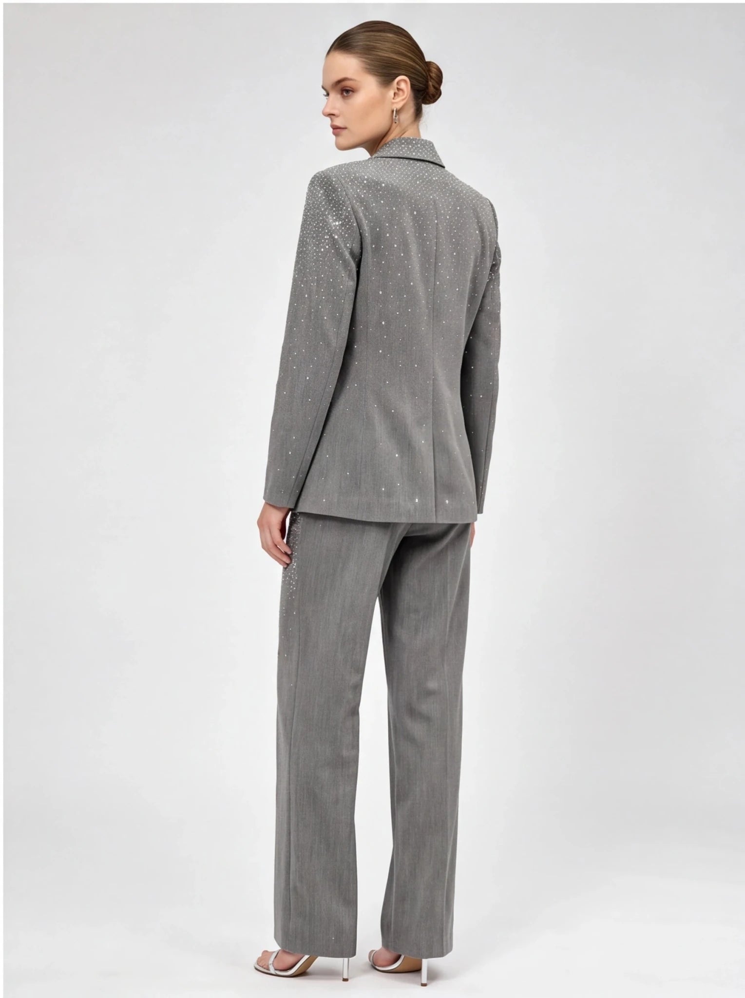 Women's Grey Sparkly Blazer Set - Rhinestone Embellished Suit with Wide Leg Pants for Evening Party - Styeenigma
