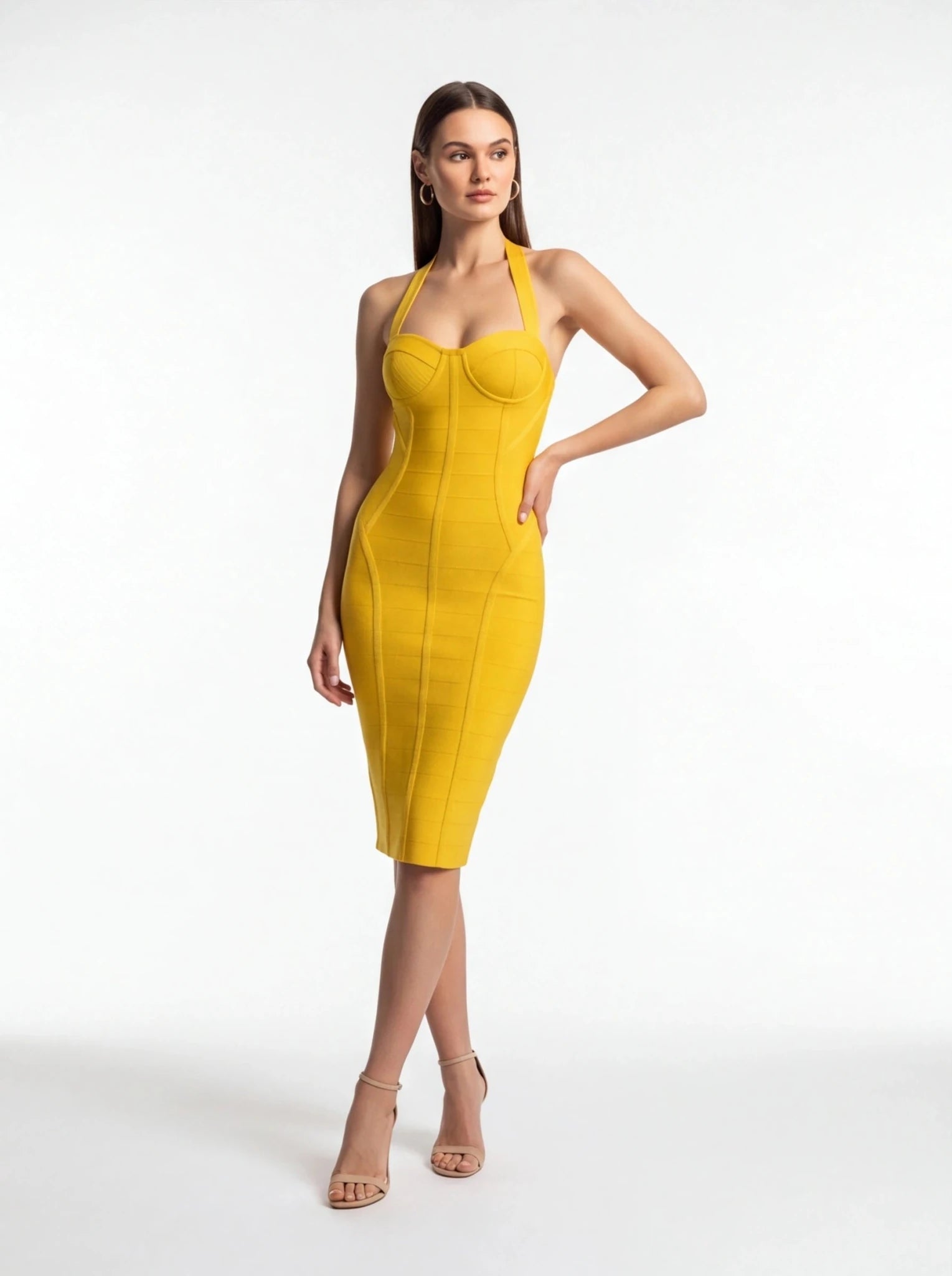 yellow bodycon summer dress Pale Yellow Halter Neck Cotton Jersey Dress: Fitted Bodycon Maxi Drop Waist Sundress