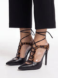 Black Leopard Print Stiletto Heels - Sexy Clear Strap Lace Up Peep Toe Pumps for Women - Styeenigma