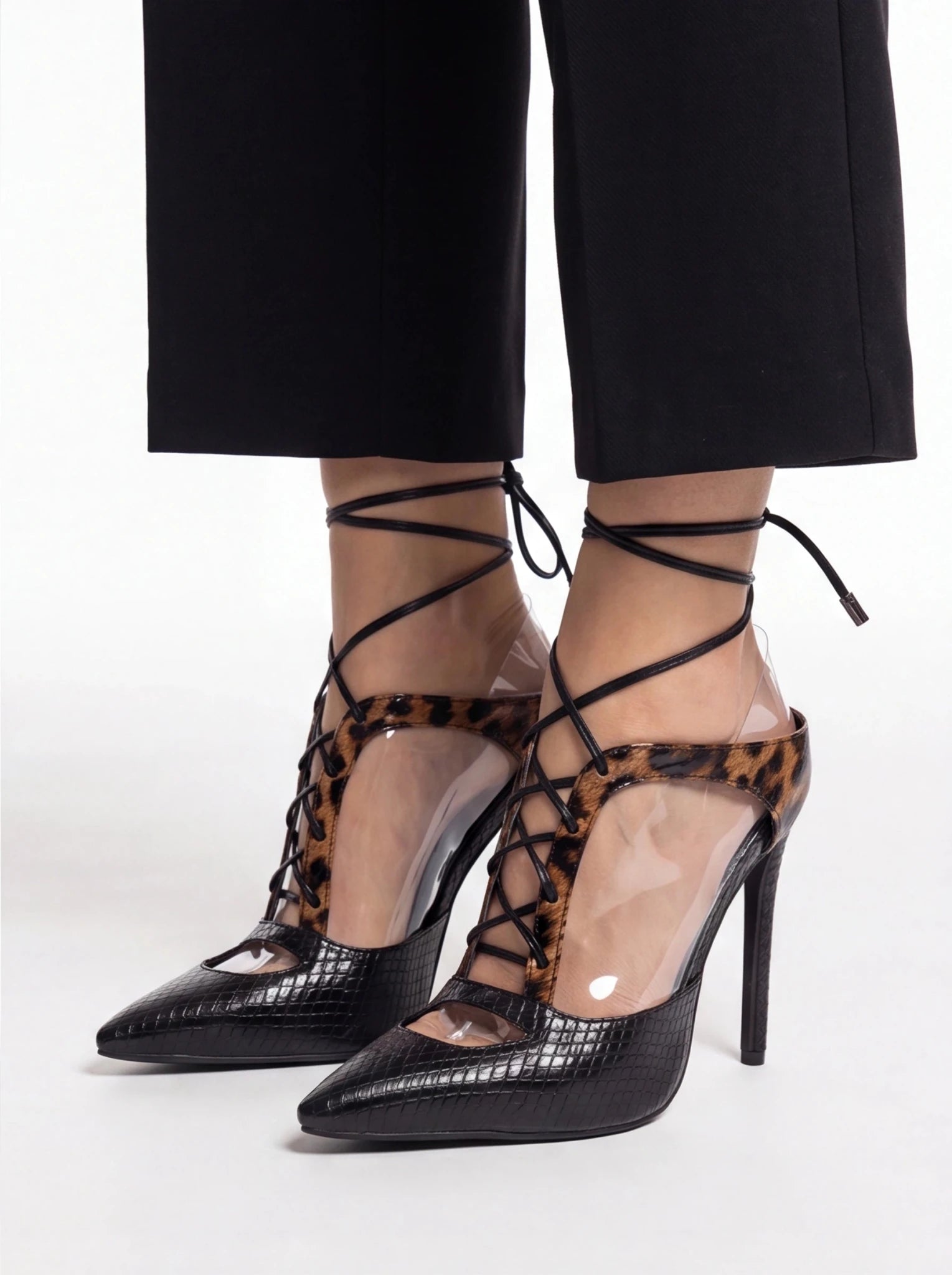 Black Leopard Print Stiletto Heels - Sexy Clear Strap Lace Up Peep Toe Pumps for Women - Styeenigma