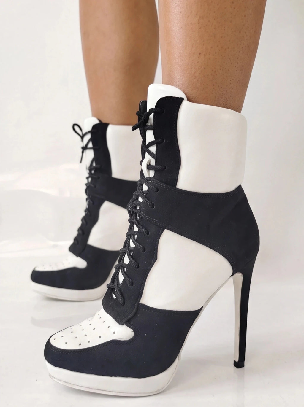 Black & White High Heel Ankle Boots - Sexy Platform Lace Up Stiletto Booties for Women - Styeenigma