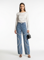 High-Waist Rhinestone Patchwork Wide-Leg Jeans Straight Denim Pants Women
