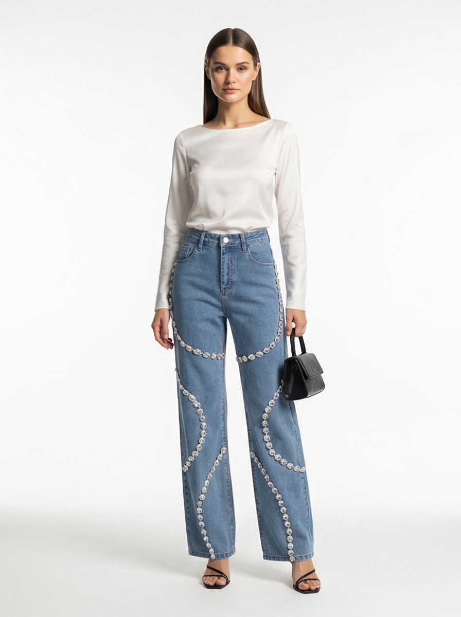 High-Waist Rhinestone Patchwork Wide-Leg Jeans Straight Denim Pants Women