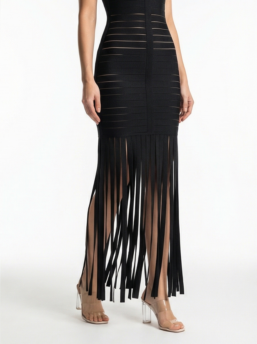 Black fringe dress on a white background