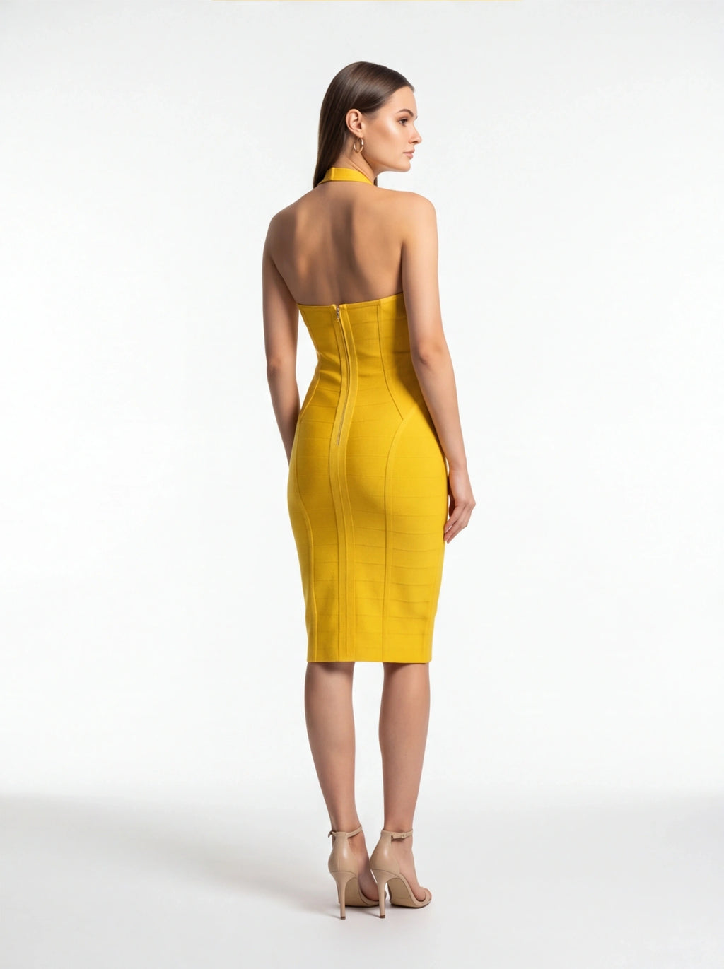 Women's Yellow Halter Neck Maxi Dress - Sleeveless Bodycon Formal Summer Dress