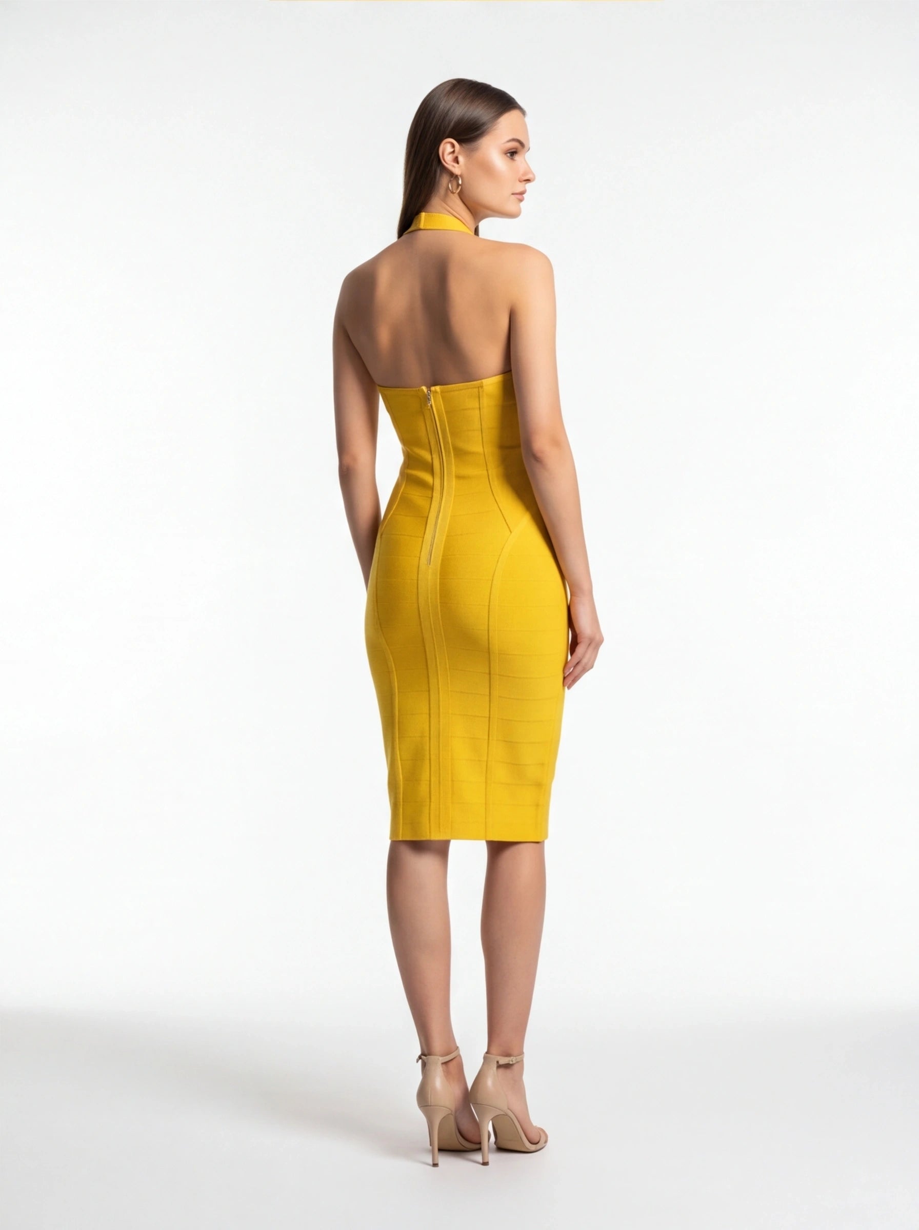 Women's Yellow Halter Neck Maxi Dress - Sleeveless Bodycon Formal Summer Dress