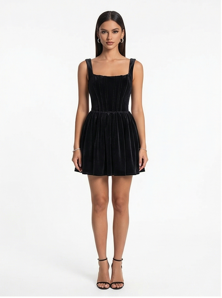 Woman wearing a black dress on a white background