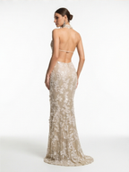 Champagne Halter Sequin Gown with High Slit & V-Neck