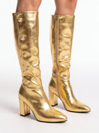 Women Metallic Button Knee High Boots Chunky Heel Faux Leather Boots Gold/Silver - Styeenigma