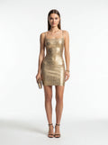 Gold metallic bodycon dress with square neck and spaghetti straps