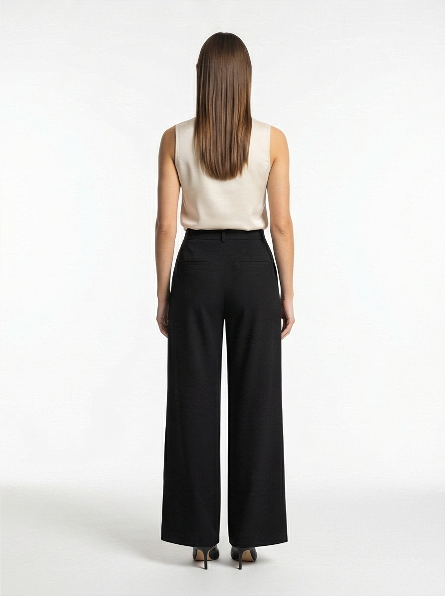 Woman wearing a white sleeveless top and black wide-leg pants on a white background