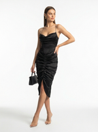 Women’s Black Satin Ruched Midi Dress – Sexy Bodycon Evening Gown with Plunging Neckline