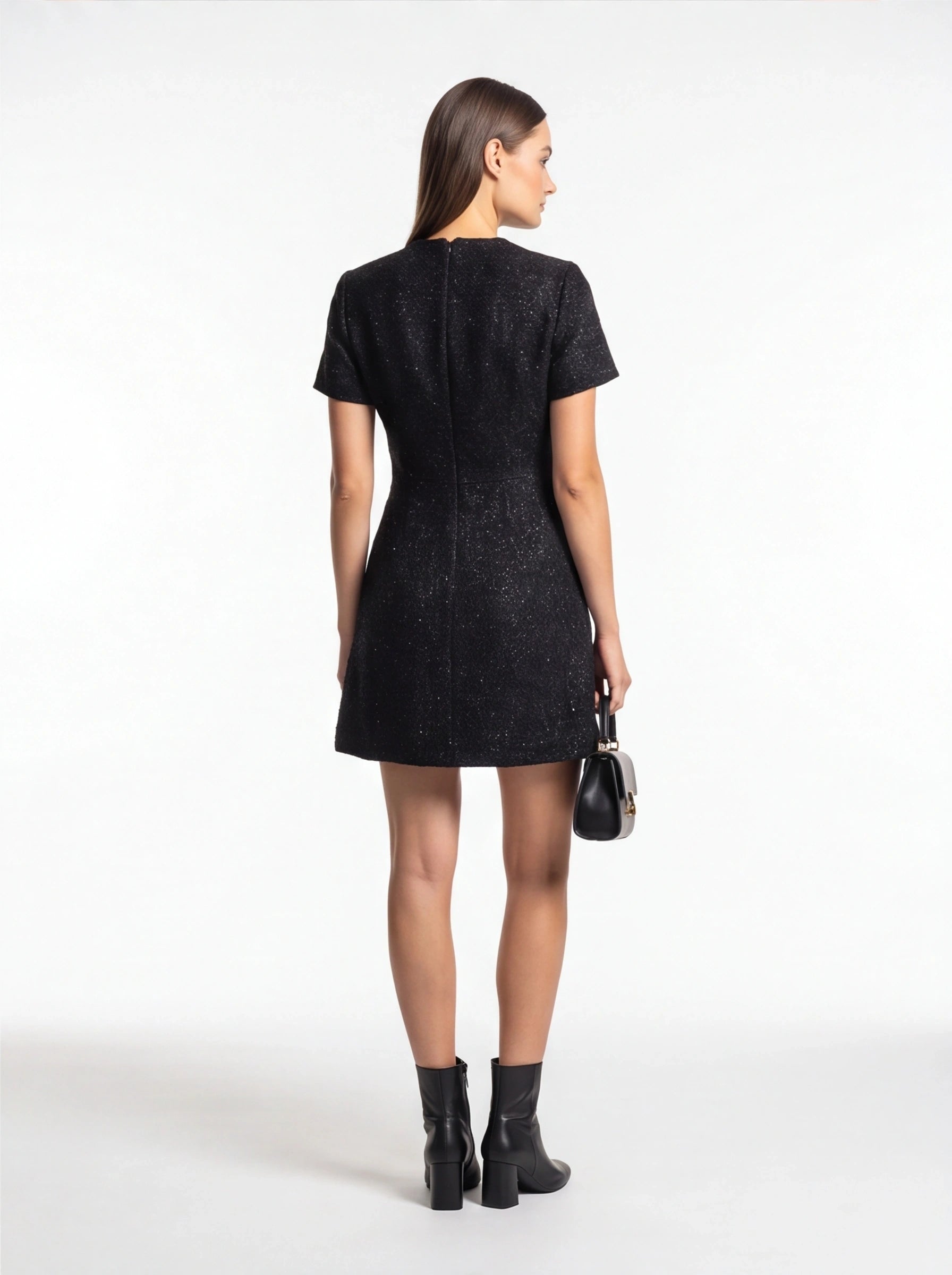 Tweed Party Dress | Short Sleeve Pearl Button Mini Dress