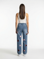 Straight-Leg High-Waist Denim Jeans – Hollow Heart Cut-Out Detail Pants