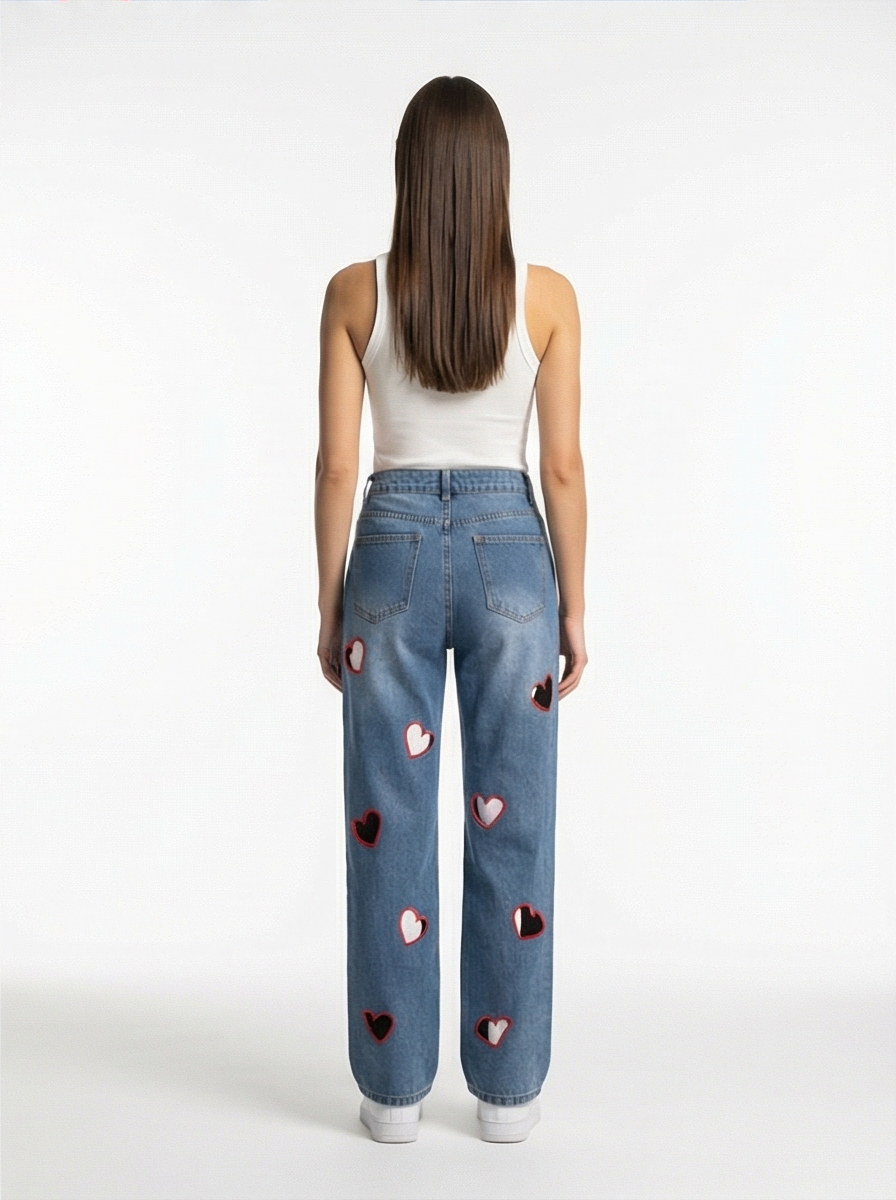 Straight-Leg High-Waist Denim Jeans – Hollow Heart Cut-Out Detail Pants